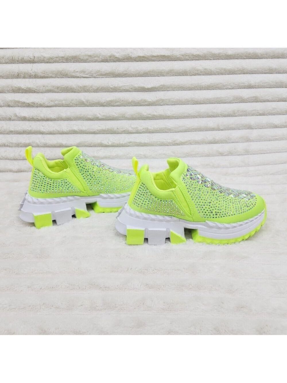Presto Light Weight Slip on Neon Yellow Rhinestone Sneakers - Running Shoes J